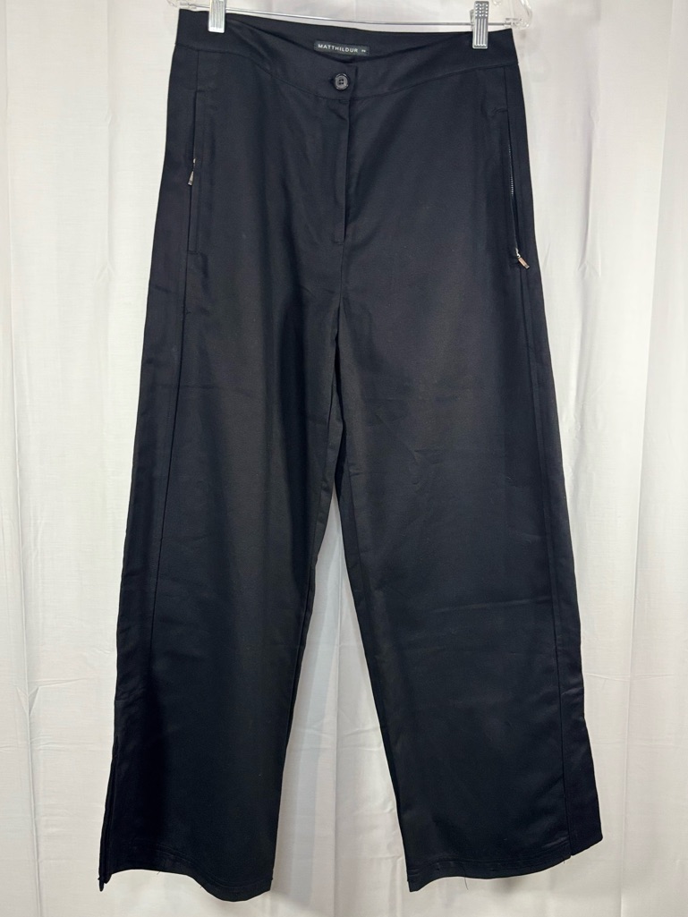 Nwt Matthildur Black Wide-Leg Trousers With Zip Pockets & Ankle Slits Sz M & Xl